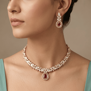 Ensemble collier et boucles d'oreilles élégants en laiton plaqué or avec moissanite américaine et gouttes rouge rubis, pour femmes, occasions spéciales - Product Image 3