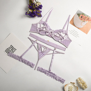 Sexy Hollow Out Cross Bandage Lingerie Set With Garter Belt Hot 3-Piece Bra and Thong Set for Adult Girl - Product Image 5