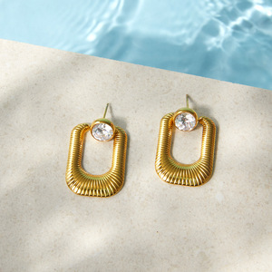 Geometric Gold Tone <b>Stud</b> <b>Earrings</b> With Clear Zircon Bezel Setting For Women Fashion Jewelry - Product Image 4