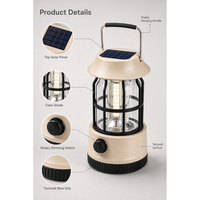 Lanterne de camping LED rechargeable solaire JD-L901BR avec port Type-C, gradation progressive, lampe rétro portable à suspendre, étanche IP44 pour l'extérieur