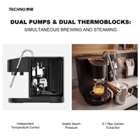 Machine à expresso intelligente avec écran LCD, porte-filtre de 58 mm, double pompe, système double thermobloc, régulation de pression OPV, extraction stable de 9 à 11 bars