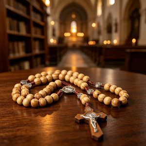 Collier religieux catholique en bois avec perles et croix plaquée argent, en alliage ABS/Zinc, mini perles phosphorescentes, vente en gros, pièce maîtresse - Product Image 3