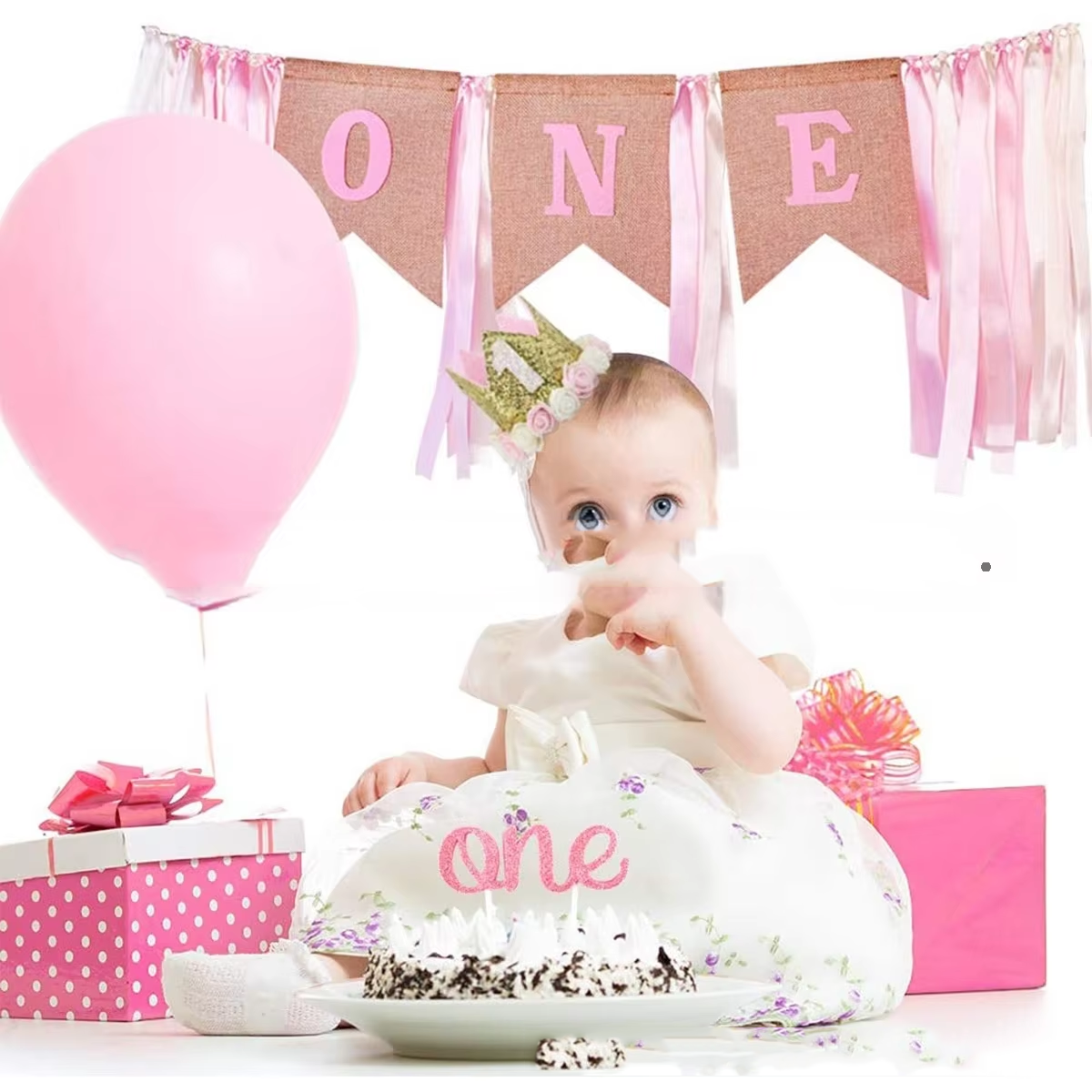 Pink Gradient Girl First Birthday Party Wall Decoration Set Includes Ribbon Dining Chair and Burlap Flag