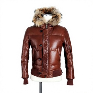 Men's <b>Brown</b> Genuine Leather Bomber <b>Jacket</b> With Fur Hood Windproof Winter Slim Fit Moto Biker Style - Product Image 2