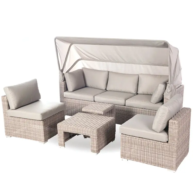 Moderne Rotan Buitenterras Sectionele Sofa Set Met Luifel Voor Hotel Tuinmeubelen Set Buiten Ligbed Sofa