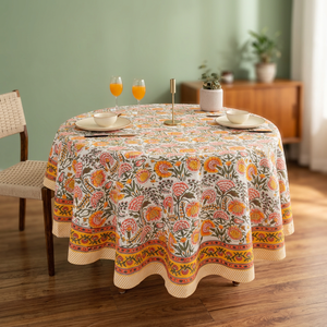 Floral Printed Round <b>Tablecloth</b> Cotton Linen Handmade Washable <b>Party</b> Use Modern White Pink Orange Pattern - Product Image 3