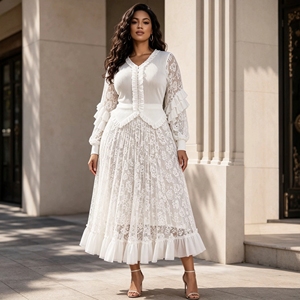 Eleganza Diretta dalla Fabbrica 2026 Abito Plissettato <span class=keywords><strong>da</strong></span> Donna <span class=keywords><strong>con</strong></span> Maniche Lunghe in Pizzo, Scollo a V e <span class=keywords><strong>Volant</strong></span>, Vestito Formale Plissettato Miyake - Product Image 5