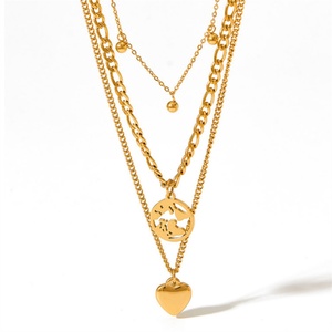 Bohemian Style Three-layer Necklace <b>love</b> Pendant Stainless Steel Hollowed Out Map Round Pendant Gold Clavicle Necklace for Women - Product Image 6