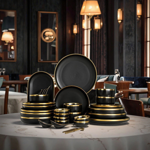 Luxury Matte Black Ceramic Tableware with Metallic Edging Electroplating & Chip-Resistant Design Wholesale Restaurant Grade Dish - Product Image 1