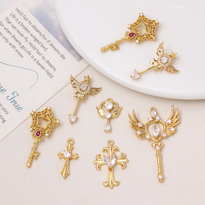 18K Gold-Plated Brass <strong>Magic</strong> Wand Key Cross Pendant with Zircon Heart <strong>Charm</strong> for DIY <strong>Bracelet</strong> Necklace - Product Image 4