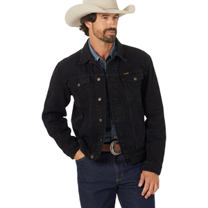 Men's Black Denim Jacket Casual Solid Color Regular Fit With Pockets Topstitch Detail Autumn Wear - Product Image 1