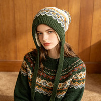 Nouveau bonnet d'hiver imperméable en jacquard Fair Isle tricoté avec cache-oreilles ajustables pour femme, épais et chaud, style Noël, polyvalent