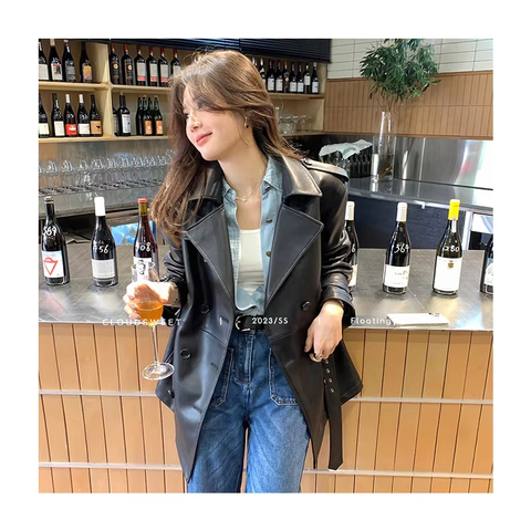 Wholesale in Stock Korean Style Solid Color Double Breasted Casual Women Ladies Black Leather Short Trench Coat