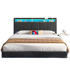 <span class=keywords><strong>Letto</strong></span> Moderno 160x200cm con Illuminazione LED, <span class=keywords><strong>Testiera</strong></span> Imbottita, Design con Stazione di Ricarica, Pannello in MDF, Arredamento Camera da <span class=keywords><strong>Letto</strong></span> - Product Image 1