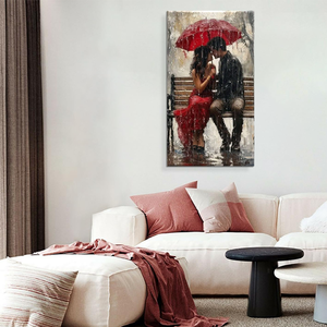 Quadro su tela con coppia romantica sotto ombrello rosso - Decorazione murale per camera da letto/soggiorno a tema amore sotto la pioggia - Product Image 6