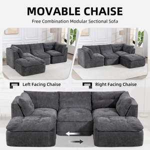 Modern Cloud-style L-shaped <b>Frame</b>-free Sofa Ottoman Convertible Modular Sectional Chenille Fabric Oversized Comfortable - Product Image 5