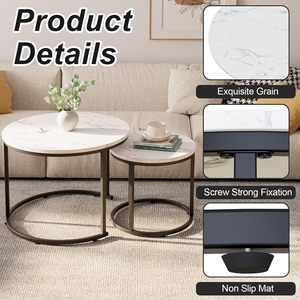 モダンセット2つの小さな丸いネスティングコーヒーテーブル黒焼結石トップ金属リビングルーム用家具 - Product Image 5