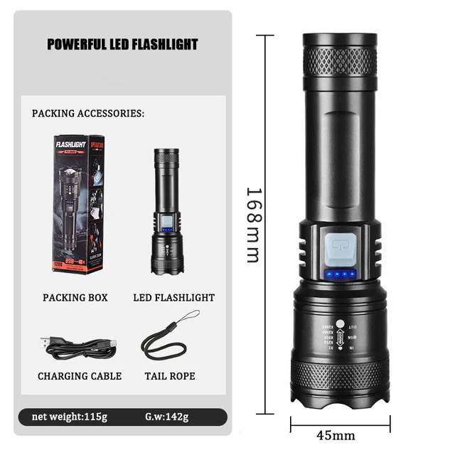 Super Bright 10000 Lumens 3 Modes Waterproof Tactical LED Pen Torch Powerful USB Charged Flashlight for Camping