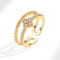 Anillo Abierto Ajustable con Trébol de Cuatro Hojas, Elegante y Moderno, Chapado en Oro, con Micro Pavé de Circonitas Blancas y Borde con Cuentas, para Uso Diario