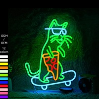 Enseigne néon LED chat sur skateboard mangeant une pizza – Décoration murale amusante de chaton de dessin animé pour intérieur, bureau, salle de jeux, chambre d'adolescents (Acrylique)