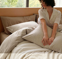 Ensemble de housse de couette rayée, aspect lin, taille Queen, ensemble de literie en percale 100% coton lavé, design en fil réversible, fermeture à glissière