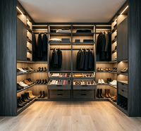 Dressing sur mesure en forme de U, armoire intégrée en bois foncé avec éclairage LED, meuble de rangement pour dressing