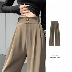 <span class=keywords><strong>Pantaloni</strong></span> Casual dritti a vita alta da donna con <span class=keywords><strong>doppio</strong></span> <span class=keywords><strong>bottone</strong></span> nuova collezione Vintage primavera autunno ampia gamba larga - Product Image 3