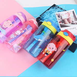 500ml Plastic Water Bottle with Straw Cartoon Animal Pattern Plastic Drinkware for Children