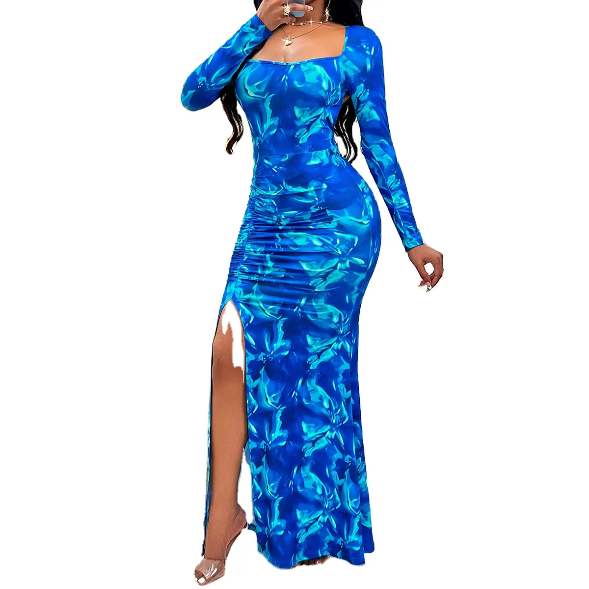 ZIYA A12S47 Robes africaines longues fendues imprimées décontractées pour vêtements pour femmes de grande taille