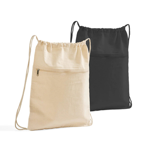Custom Logo Large Cotton Drawstring Bag Student Sports <b>Canvas</b> Drawstring <b>Backpacks</b> with Zipper Pocket - Product Image 1
