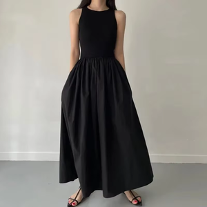 Nuevo verano Simple elegante negro vestidos largos para mujer cuello redondo sin mangas cintura alta temperamento Vestido de estilo de moda femenina - Product Image 4