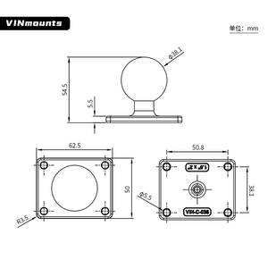 VINmounts Support à rotule marin en aluminium de 1,5 pouce, taille C, base rectangulaire 38x50,8 mm pour électronique marine VIN-C-038 - Product Image 2