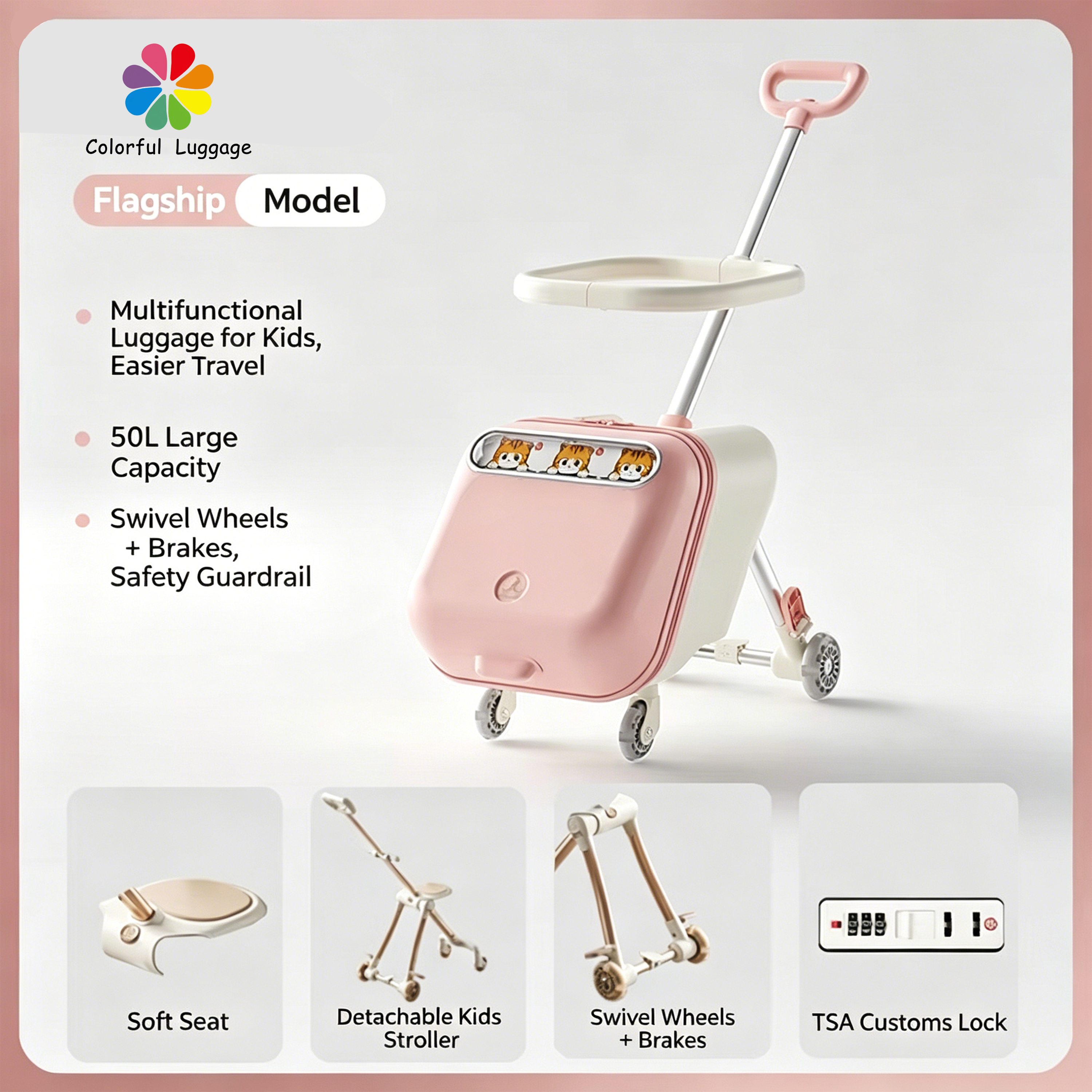 Cream pink-high-end model-50l capacity-universal wheels-brakes