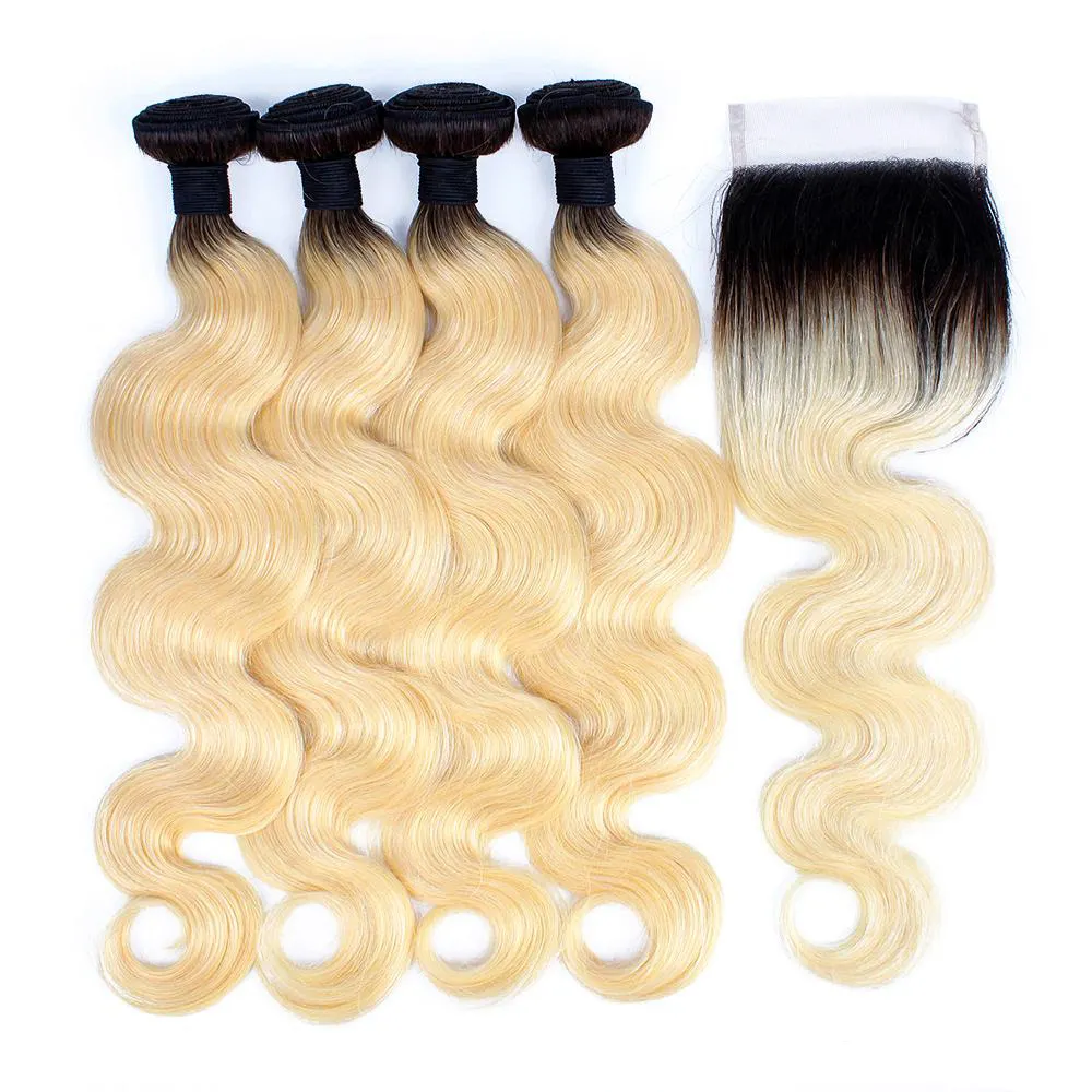 Brazilian Body Wave Human Double Wefts 613 Blonde Two Tone Color Full Head 3pcs/lot Remy Hair Weave Extensions