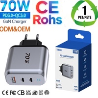 Chargeur rapide GaN 70W à 3 ports USB-C PD, adaptateur mural pour MacBook, iPhone, Samsung, alimentation portable de voyage avec prise US/EU/UK/KR