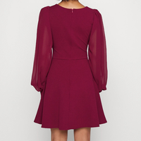 Robe décontractée unie rouge bordeaux pour femme, col rond, manches bouffantes en mousseline, coupe trapèze courte, vente en gros