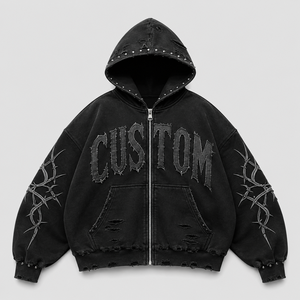 เสื้อฮู้ดดี้พรีเมียม OEM แบบซิป ดีไซน์สตรีทแวร์ ทรงบ็อกซี่ฟิต ลายกราฟิกแบบวอช ผ้าเฟรนช์เทอร์รี่ โอเวอร์ไซส์ คุณภาพสูง พร้อมปักโลโก้ตามสั่ง สำหรับผู้ชาย - Product Image 2