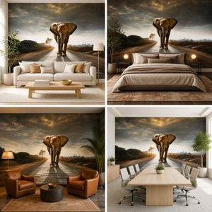 Murale Personalizzato con Elefanti della Savana, Carta da Parati in Tela a Olio, Arte dell'Africa al Tramonto - Product Image 4