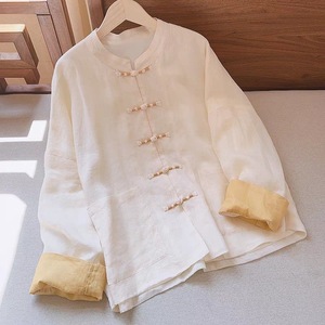 Chinese Style Tang Suit Jacket Women Autumn Thin Cotton Linen Stand Collar Frog Buttons Loose Fit Tea Dress Cardigan Top - Product Image 2