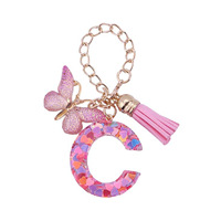 Porte-clés simple en alliage avec pendentif cœur coloré, confettis, papillon et pompon, chaîne dorée, breloque de sac, cadeau pour femme