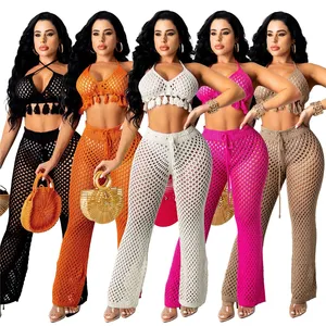 Conjunto de pantalones de dos piezas de malla calada al por mayor, traje de baño, ropa de playa 2023, sujetador de punto, conjunto de 2 piezas de verano, ropa de mujer