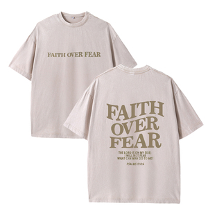 Herens oversized acid-wash 'Faith Over Fear' Psalm graphic retro streetwear <span class=keywords><strong>T</strong></span>-shirt met korte mouwen, 100% katoenen breisel - Product Image 4
