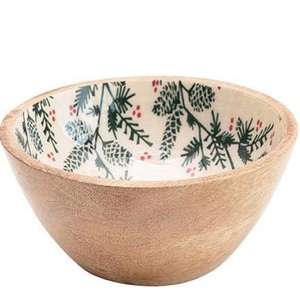 OEM/ODM Suppliers <b>Sticker</b> Enamel Printed Solid Wood Grain Acacia Wooden Food Fruit Bowls Round Salad Bowls - Product Image 1