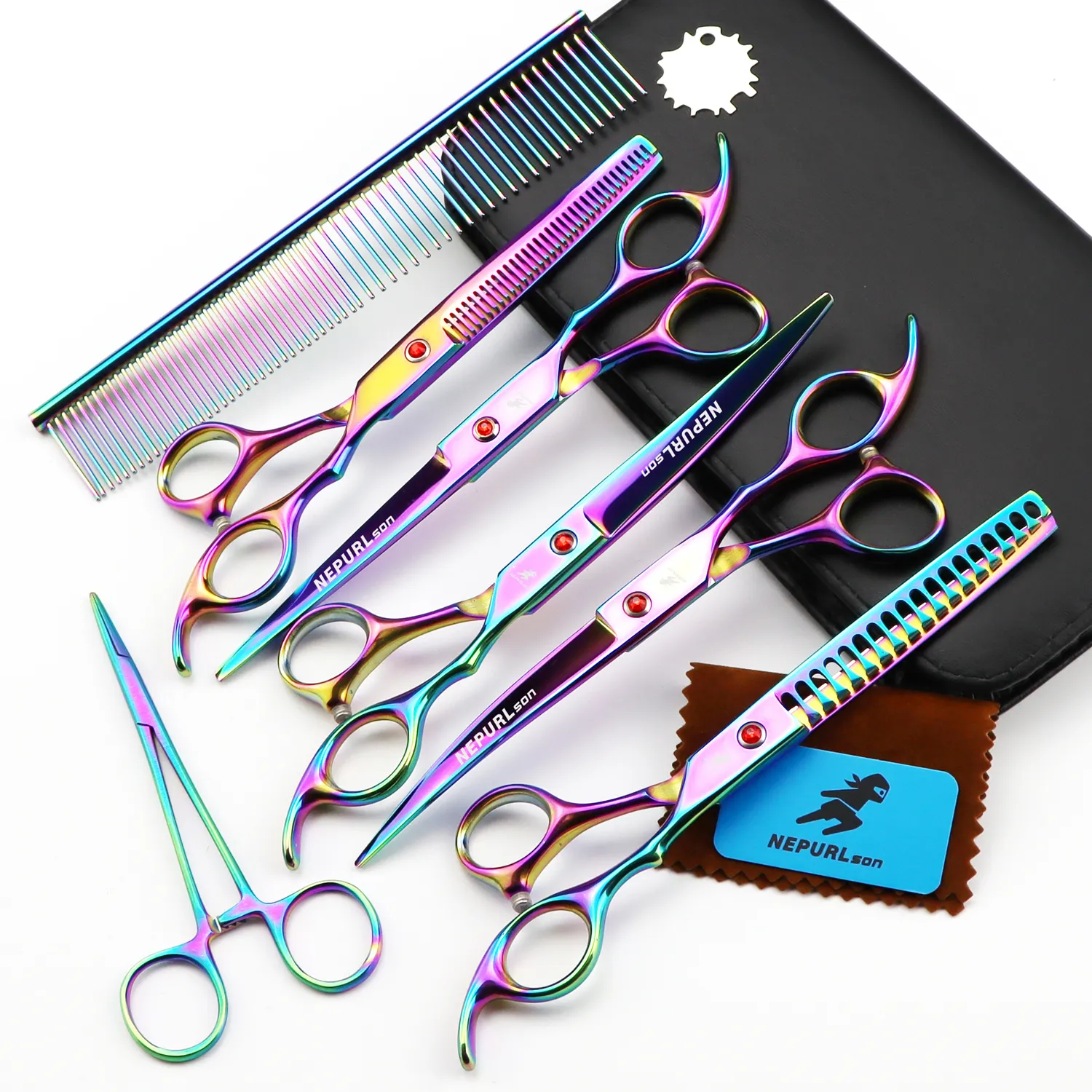 7 inch NEPURLson Professional Pet Scissors Split Shear 5 Scissors Pet Curved Scissors Stainless Thinner 5 IN 1 SET