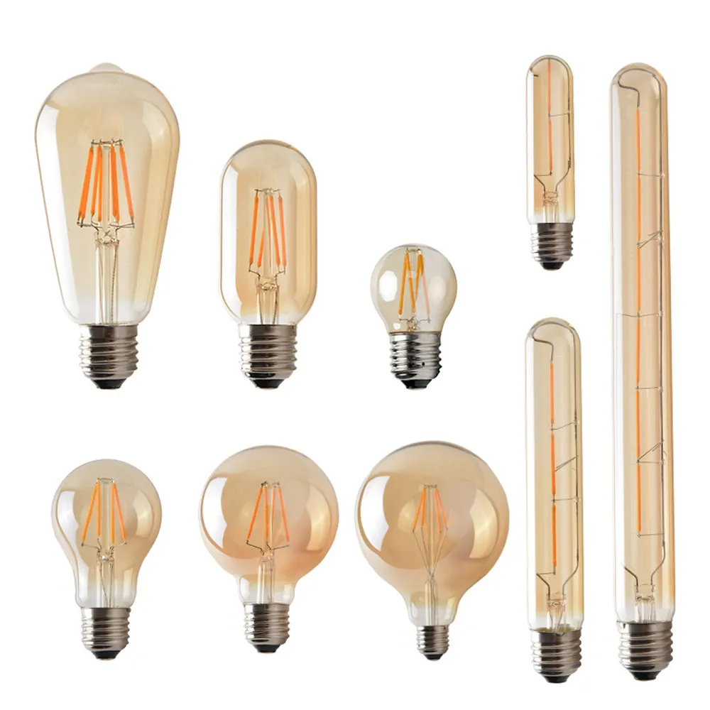 Lâmpada led com filamento, a60 g45 st64 g80 g125, e27, quente, amarela, luminária vintage