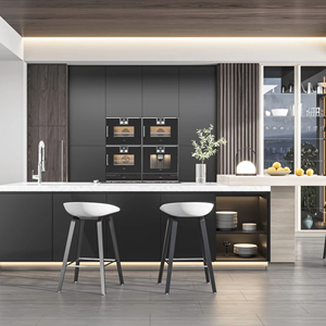 Meubles de <span class=keywords><strong>cuisine</strong></span> de luxe avec îlot, meubles de <span class=keywords><strong>cuisine</strong></span> modulaires avec comptoir en placage de bois, armoire à vin en verre avec éclairage <span class=keywords><strong>LED</strong></span> - Product Image 1