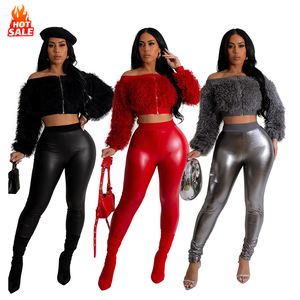 2024 HO élégant Faux <span class=keywords><strong>cuir</strong></span> costume <span class=keywords><strong>Legging</strong></span> et haut court tenues plume hors de l'épaule veste 2 pièces ensemble - Product Image 1