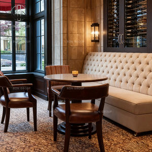 Ensemble de <span class=keywords><strong>table</strong></span> et de chaises rondes modernes en marbre, bois et cuir pour hôtel, restaurant, canapé, banquette, mobilier pour café, salon de thé - Product Image 5