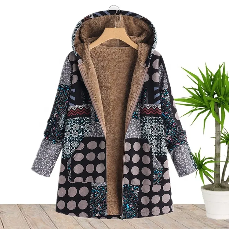 Venta al por mayor, M 5XL, ropa de invierno de manga larga con estampado Floral, chaquetas de algodón y lino con capucha de talla grande para mujer