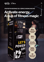 Distributeur automatique de boissons pour salle de sport : Shakes protéinés, café, capacité 300-600, refroidissement par compresseur, désinfection UV, intégration SDK, écran tactile